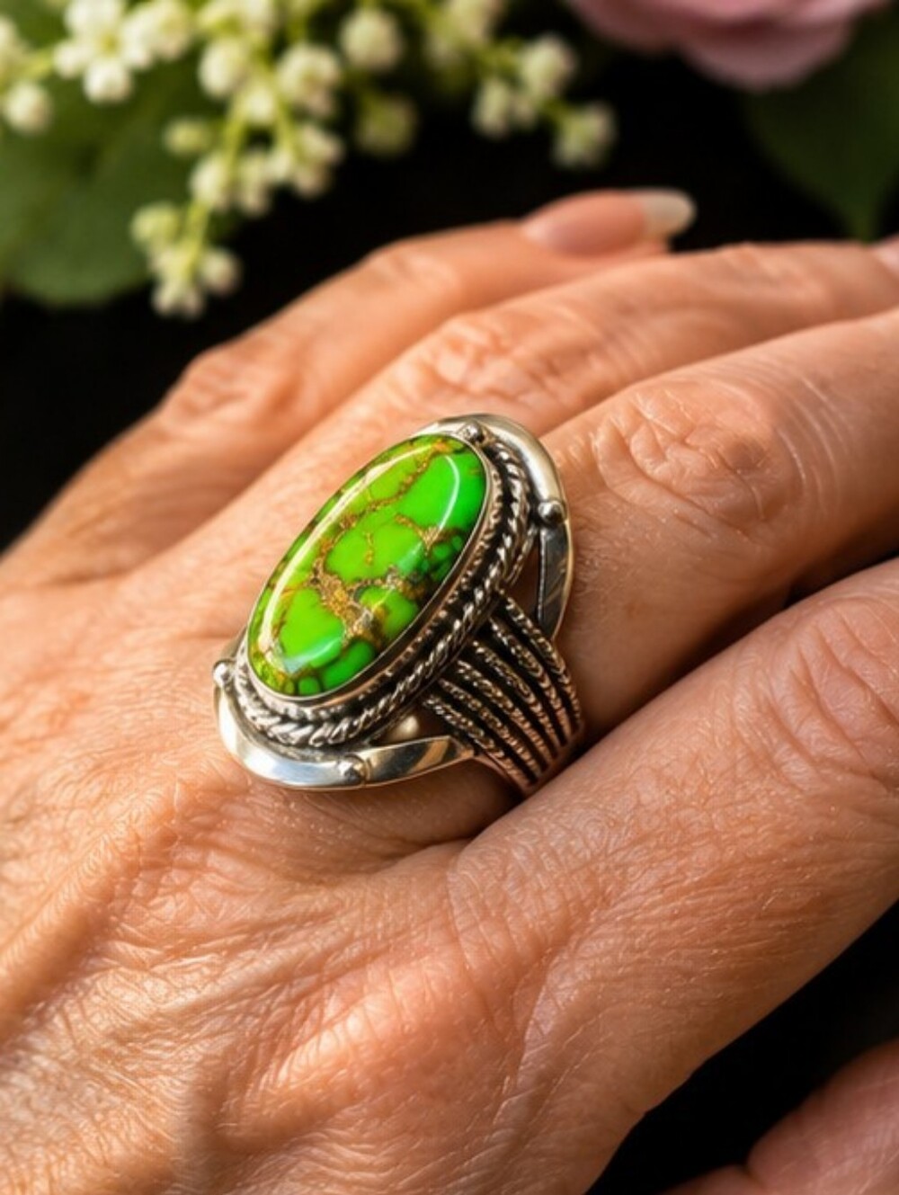 Vintage YS India 925 Sterling Green Copper Turquoise Ring Size 8.5